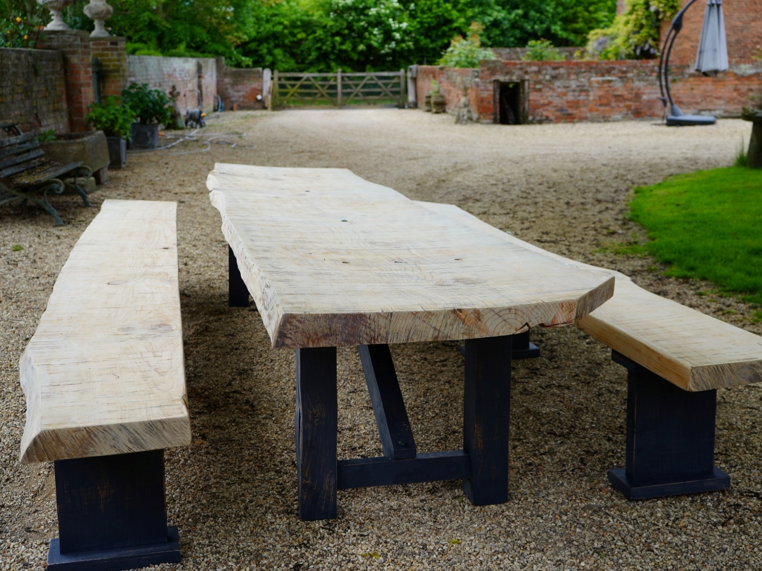 Waney Edge Sycamore Dining Table With Matching Benches
